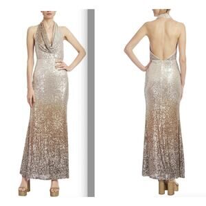 Badgley Mischka Sequin Cowl Gown 14 NWOT Gold Silver Gown Open Back Dress Glam